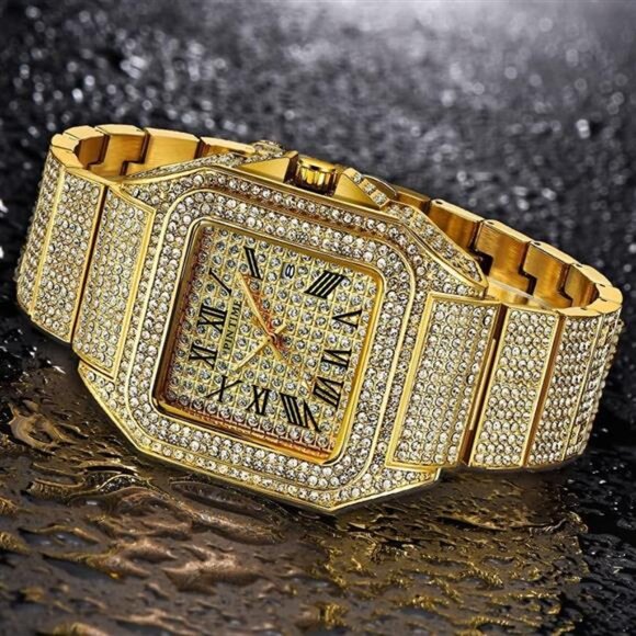 Hip Hop Men's Crystal Watch Bling Bling Watch Rectangle Case Stainless Steel - Picture 5 of 7